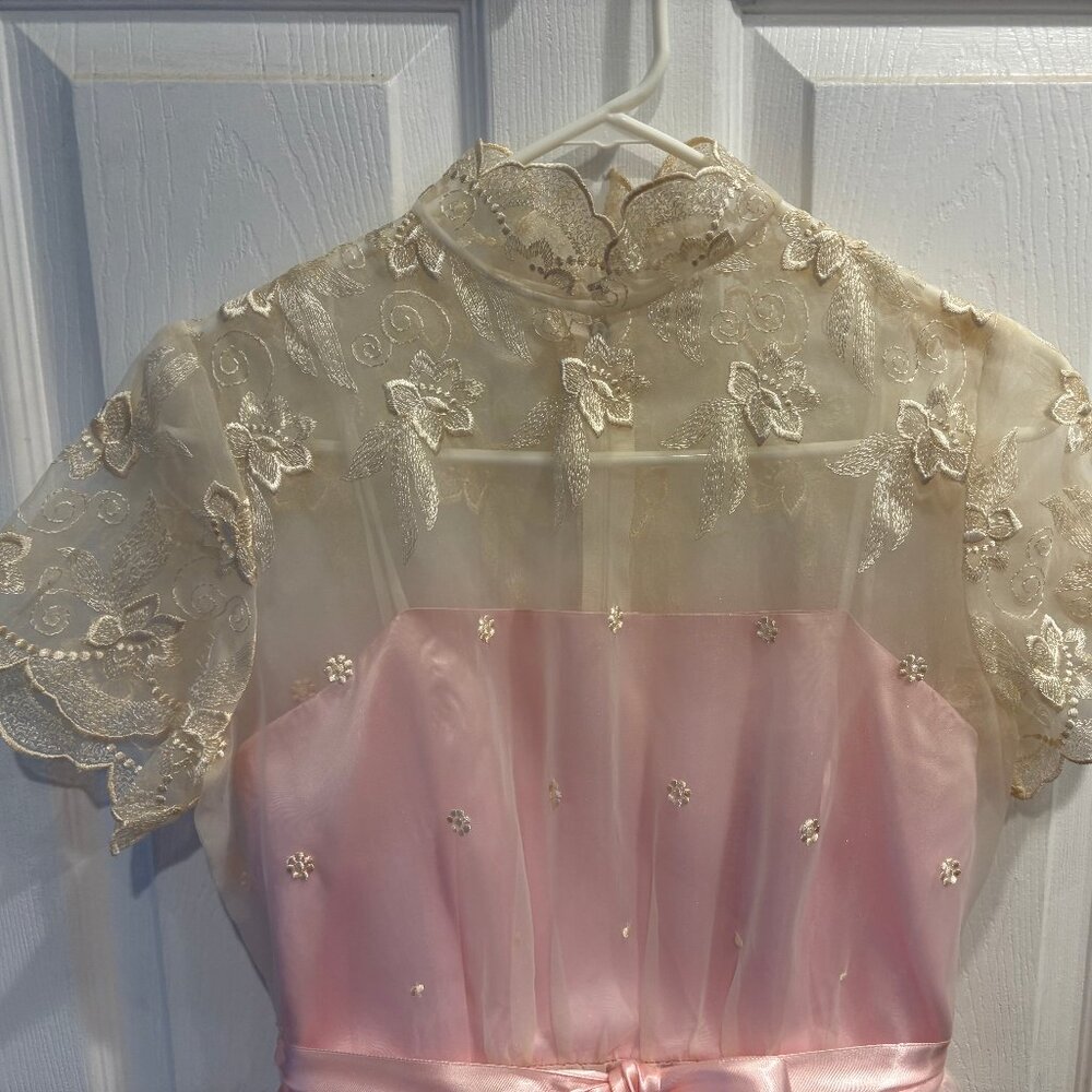 VTG 80s Party Tea Dress Women 5/6 Bridesmaid Chiffon Pink Cream Easter Prom - Picture 7 of 11